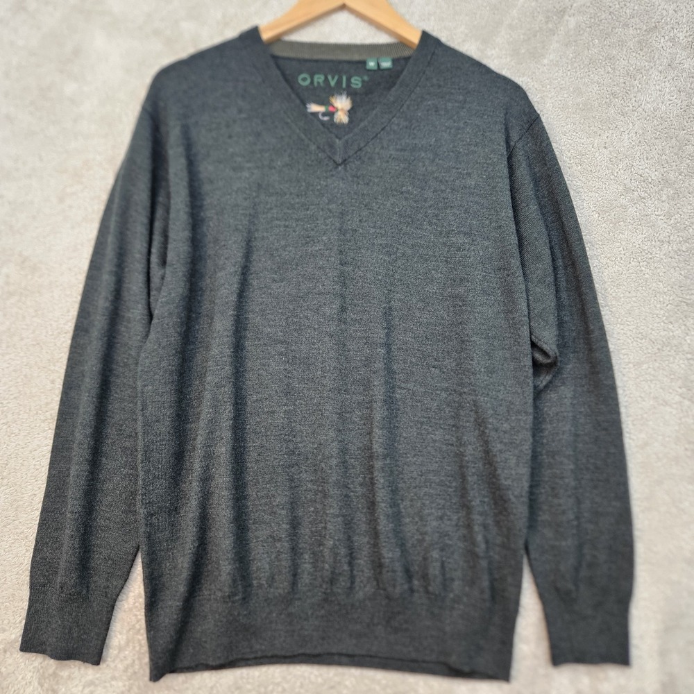 Orvis Sweater Mens M Olive Green Merino Wool V Neck Pullover Lightweight Classic